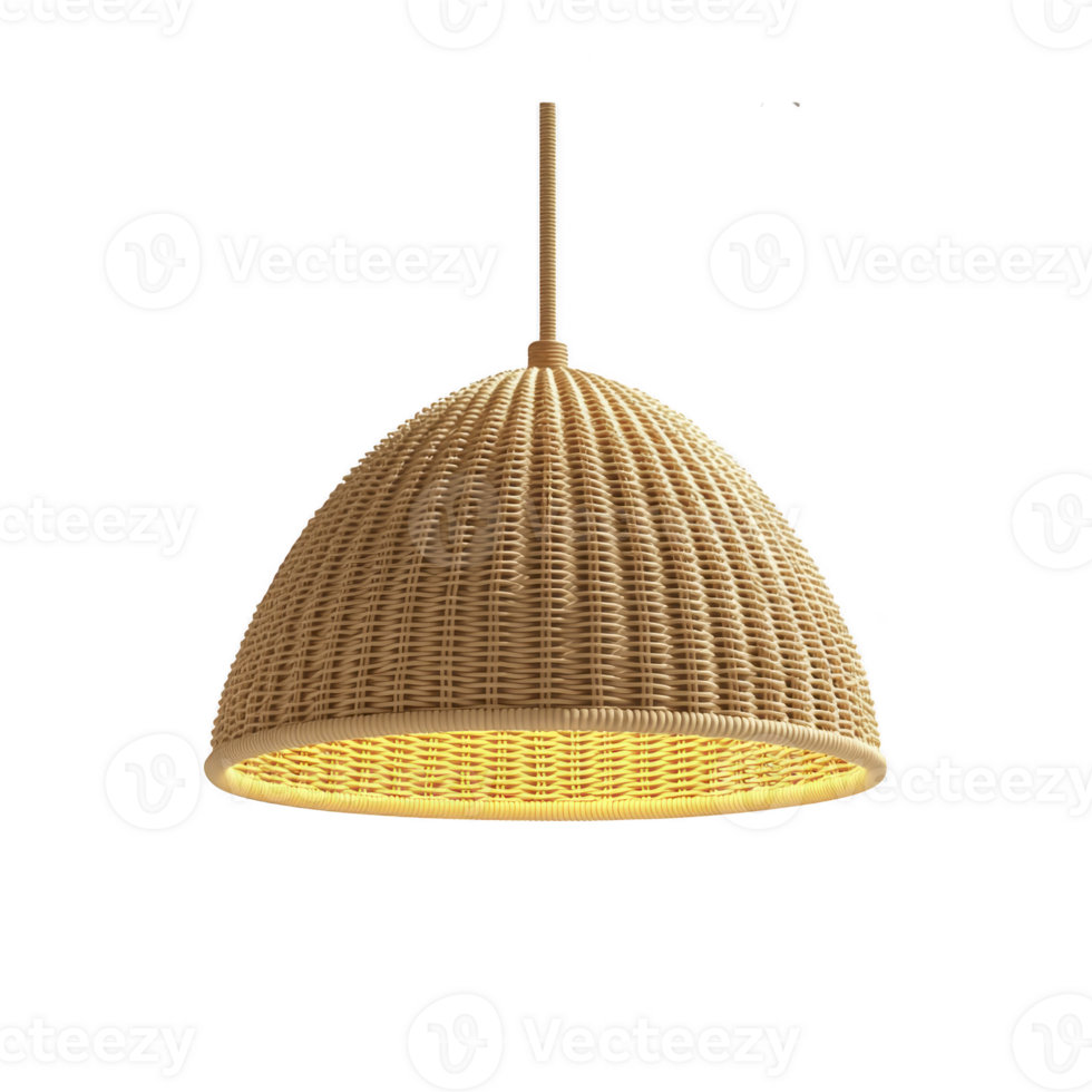 Woven rattan pendant light with dome shape hangs elegantly, casting warm glow. natural texture and neutral color make it ideal for cozy, rustic, or bohemian interiors png