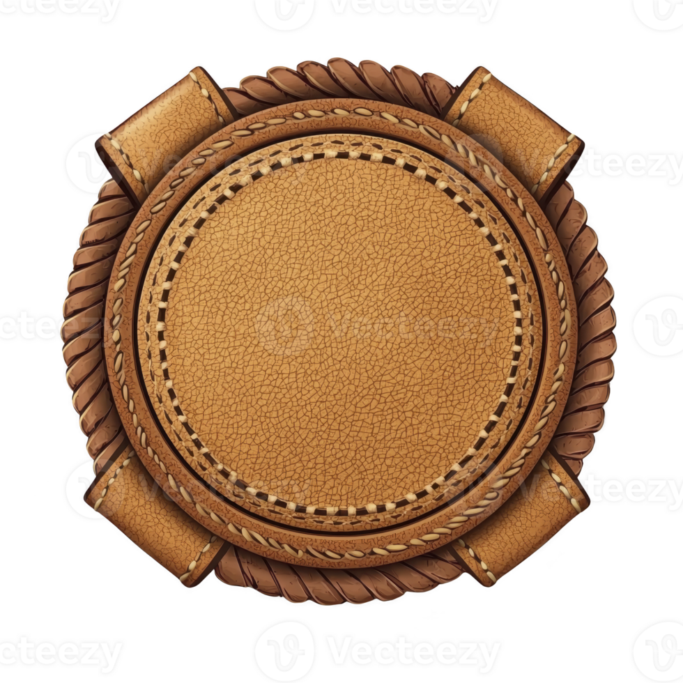 Round, textured leather badge with intricate stitching and rope border, exuding rustic and vintage charm. design is detailed and elegant, suitable for various decorative purposes png