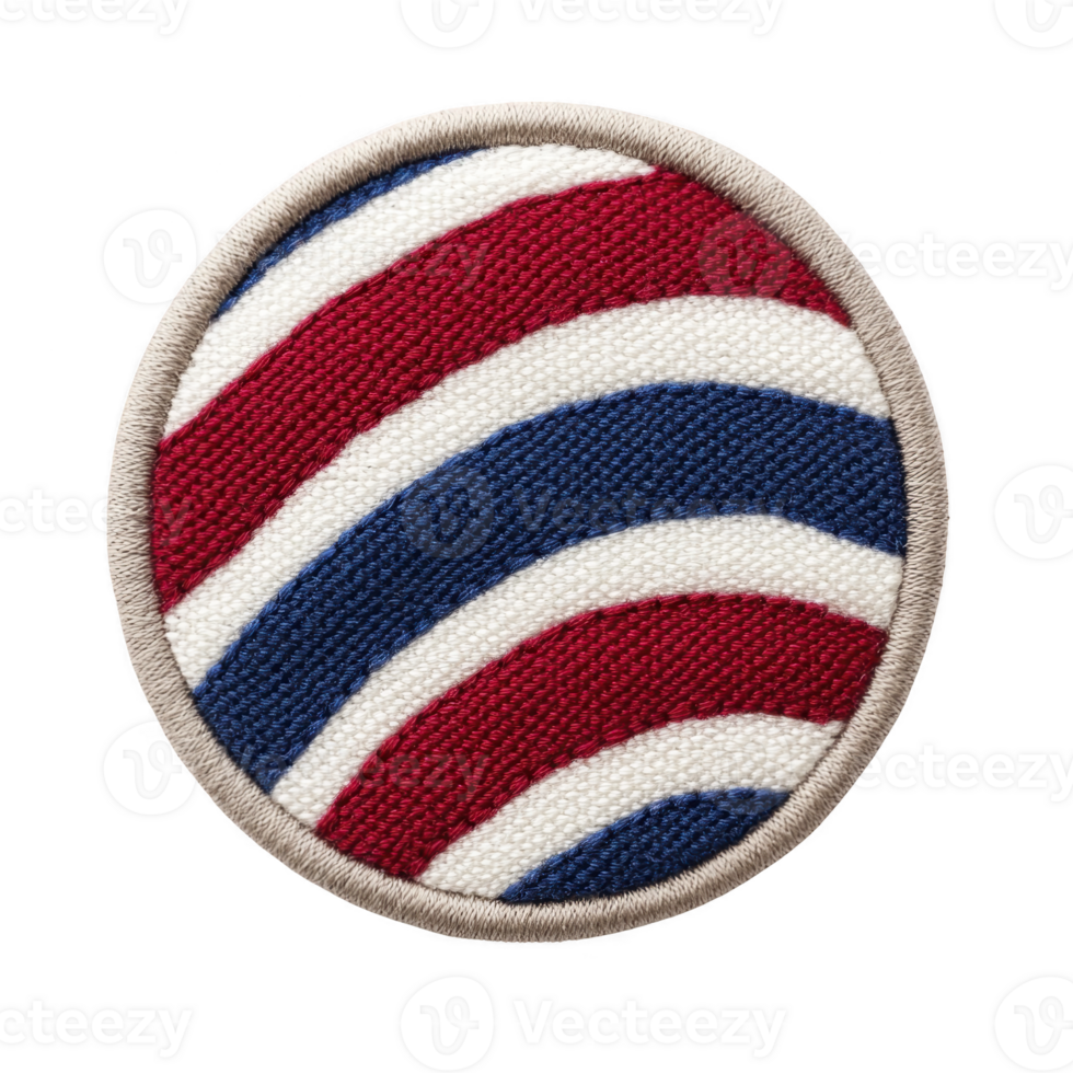 Round embroidered patch features design of red, white, and blue stripes, reminiscent of flag. patch has beige border, giving it classic and patriotic appearance png