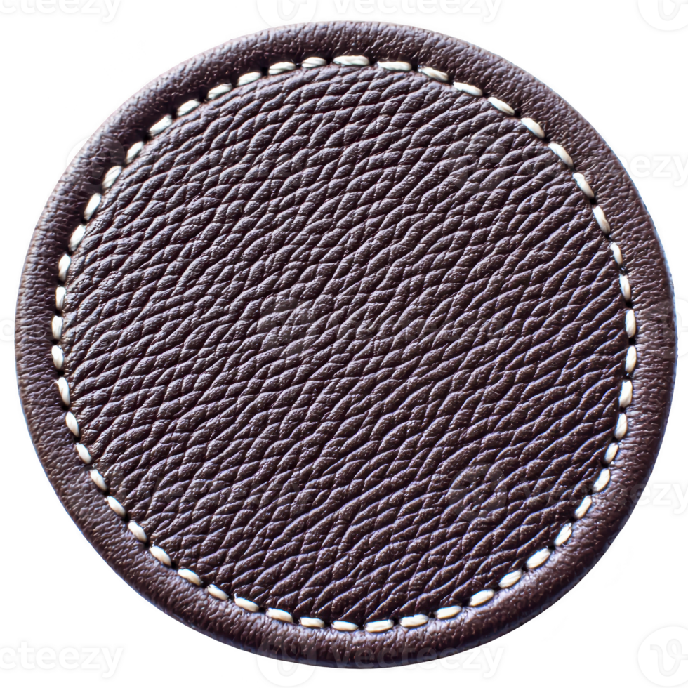Round, textured brown leather coaster with white stitching around edge, providing classic and elegant look. Ideal for protecting surfaces from drink stains png