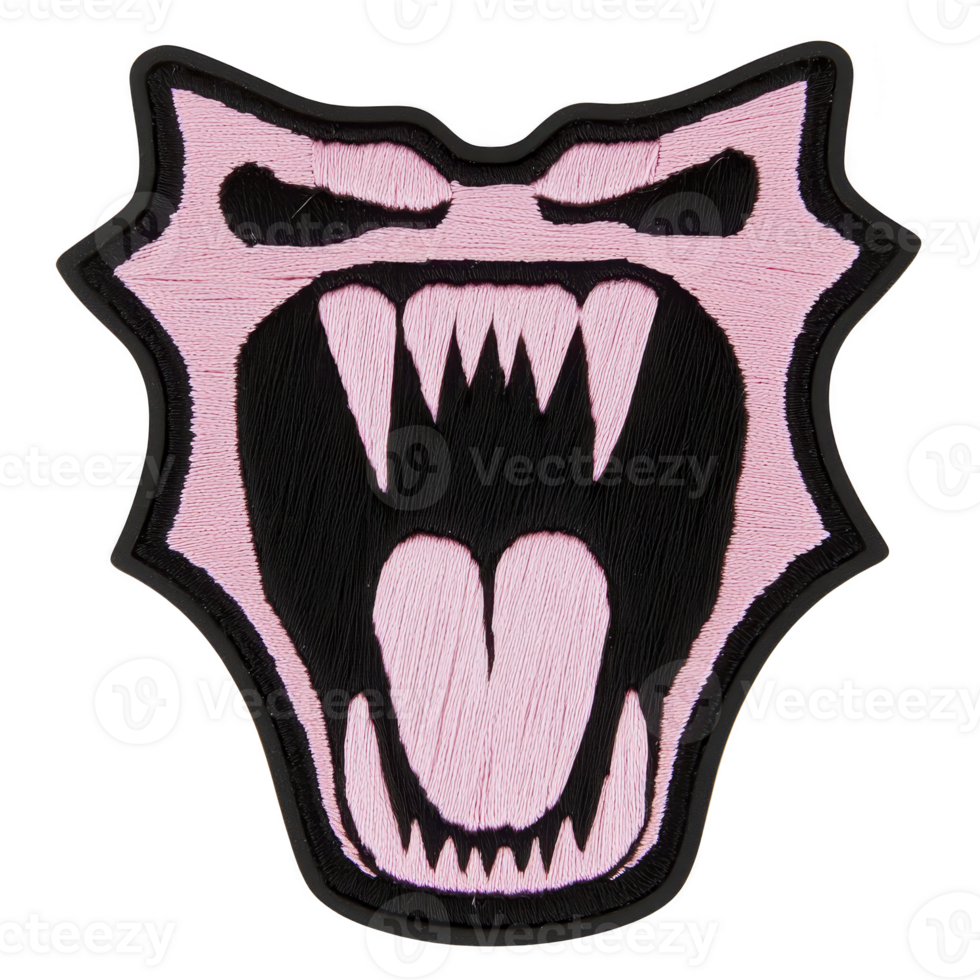 Fierce pink embroidered patch features open mouthed, roaring animal face with sharp teeth, set against transparency background, conveying intensity and boldness png