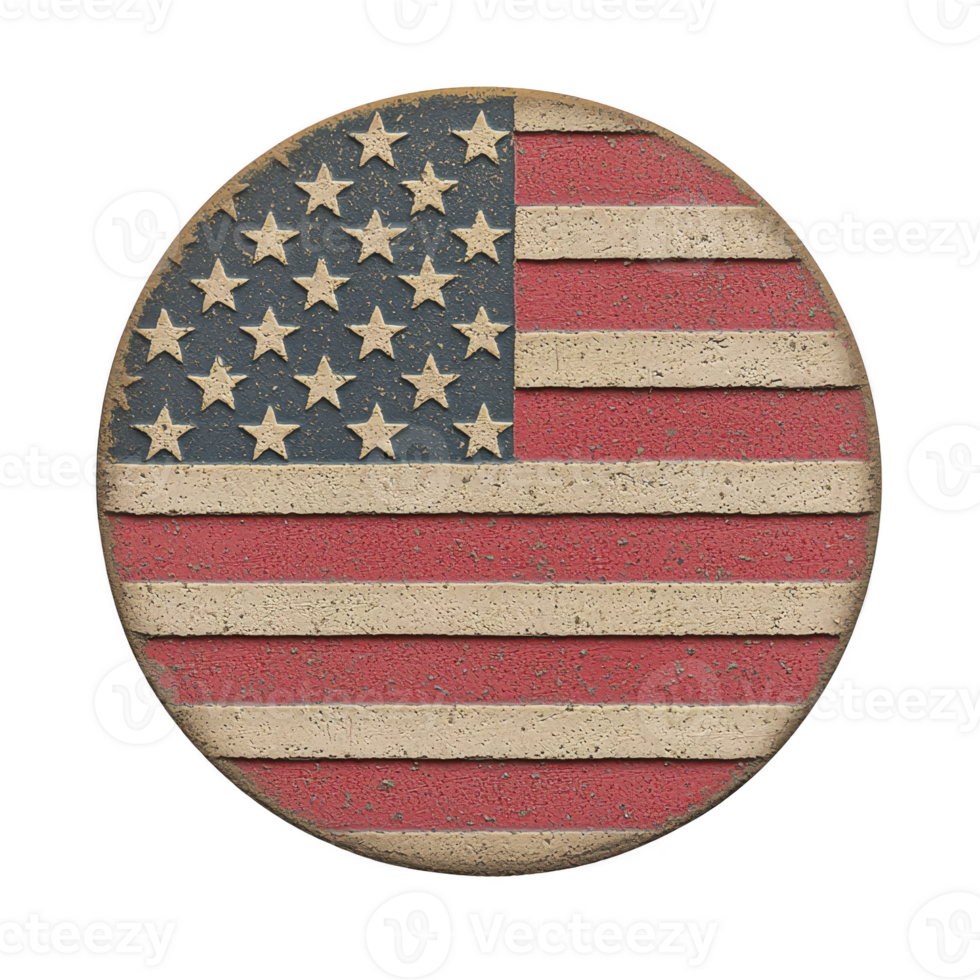 Round, textured representation of American flag features stars and stripes in red, white, and blue, evoking sense of patriotism and national pride png