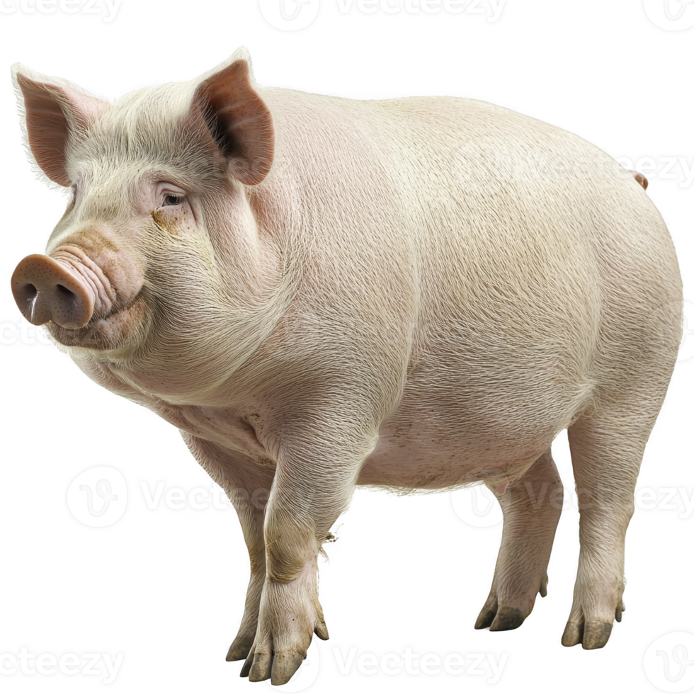 Large, healthy pig stands on transparency background, showcasing its pink skin and sturdy build. pig ears are perked up, and its expression is calm and curious png