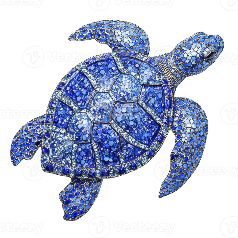 Vibrant blue mosaic sea turtle with intricate patterns and textures, showcasing blend of light and dark blue hues. artwork captures essence of marine life with creative and artistic flair png