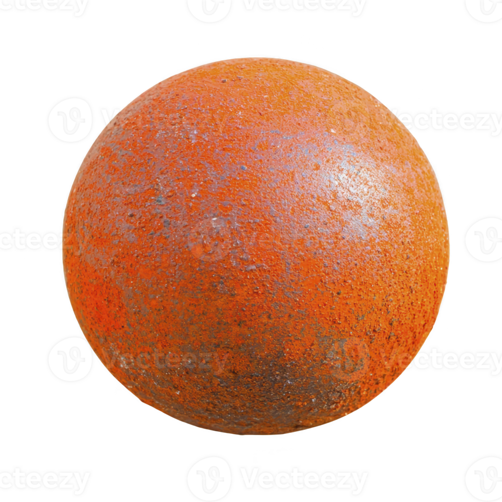 Weathered, rusty orange metal sphere with textured surface, showing signs of corrosion and age, isolated transparency background. sphere rough texture and vibrant color create striking visual png