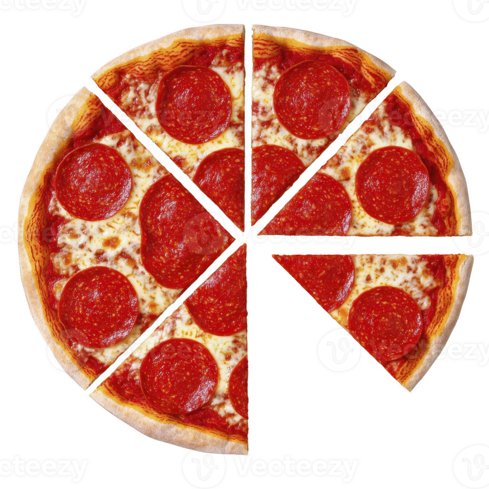 Delicious pepperoni pizza is sliced into eight pieces, showcasing golden crust and melted cheese. vibrant red pepperoni adds savory touch to classic dish png