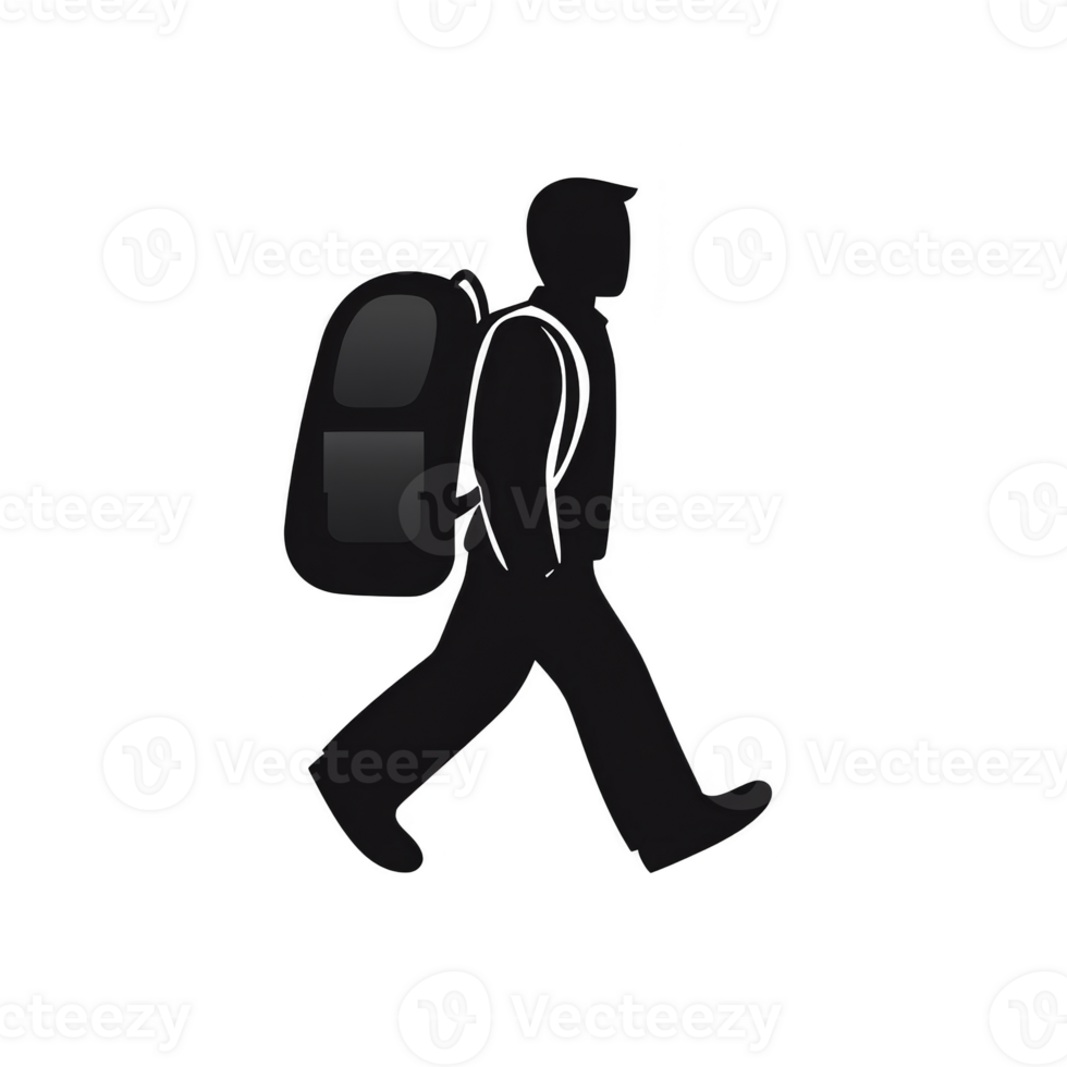 Silhouette of person walking with backpack, symbolizing travel or adventure. simple black and white design conveys movement and exploration png