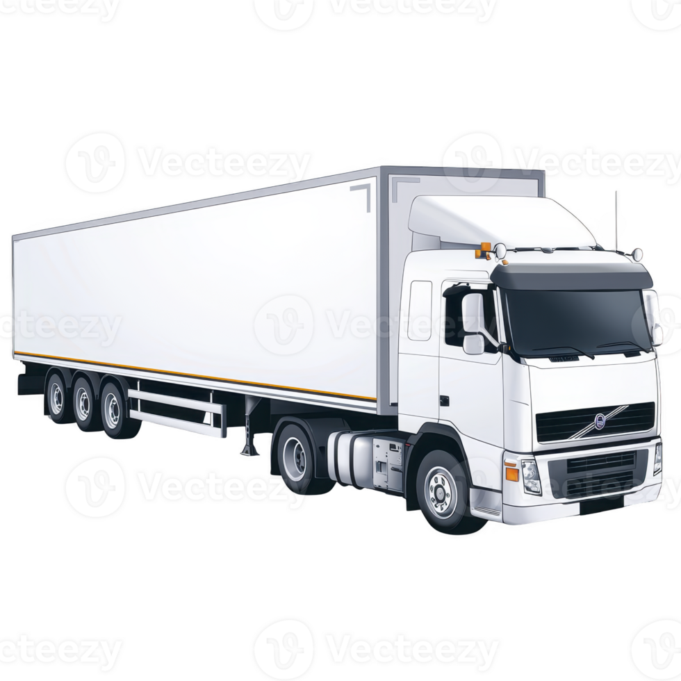 Large white semi truck with trailer is depicted, showcasing its sleek design and multiple wheels, ideal for transporting goods over long distances png
