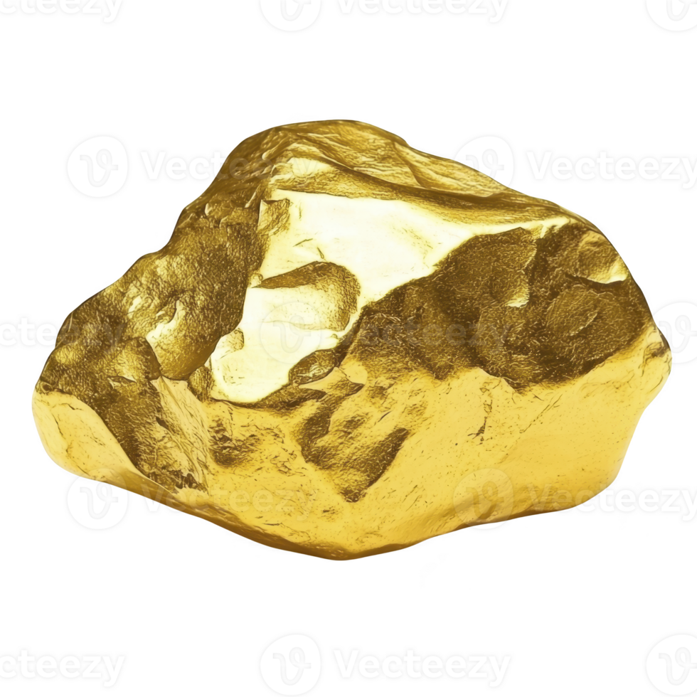 Shiny, irregularly shaped gold nugget with rough texture, reflecting light. nugget surface is uneven, showcasing natural formations and metallic sheen png