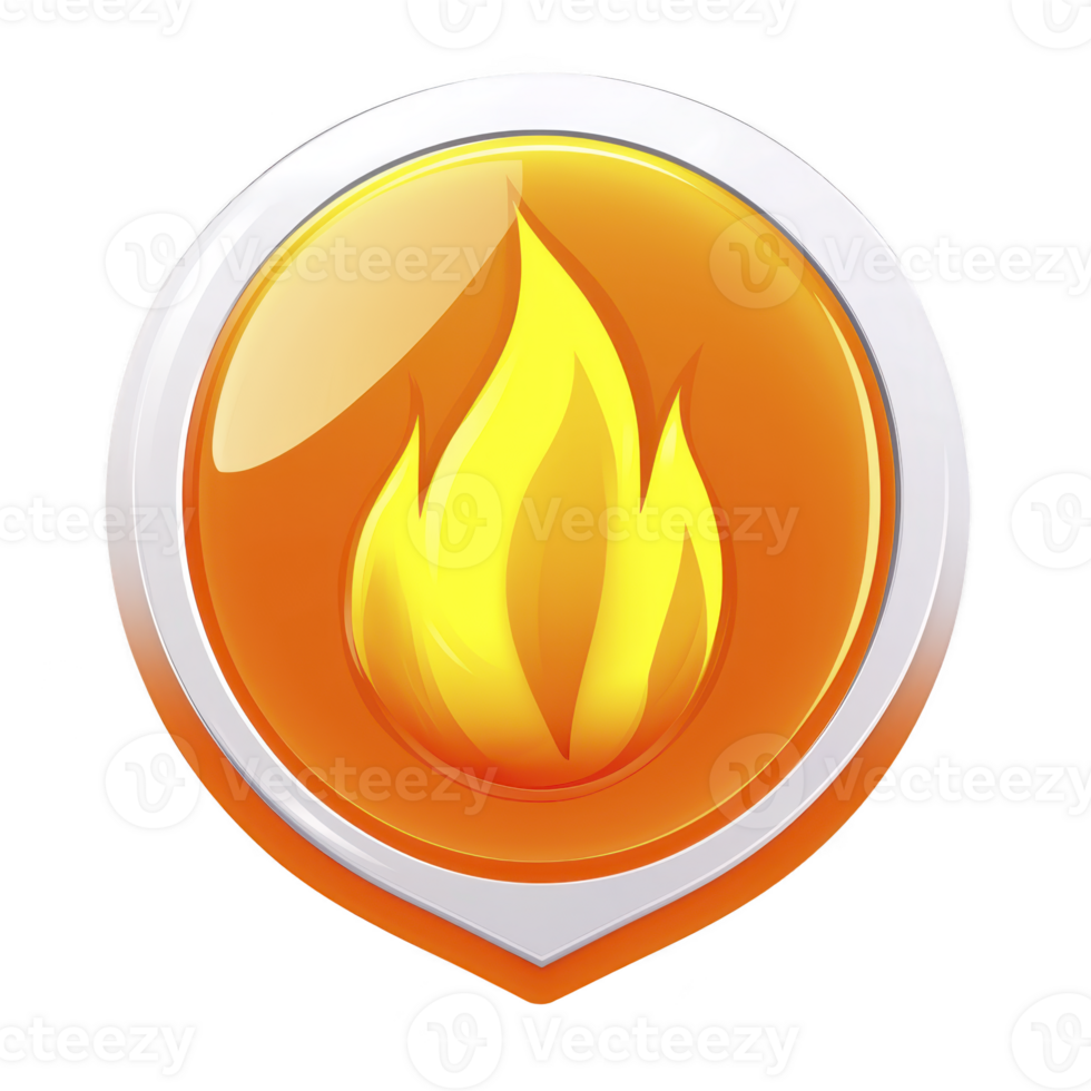 Vibrant orange and yellow flame icon with glossy finish, encased in silver border, symbolizing energy and warmth. design is modern and eye catching png