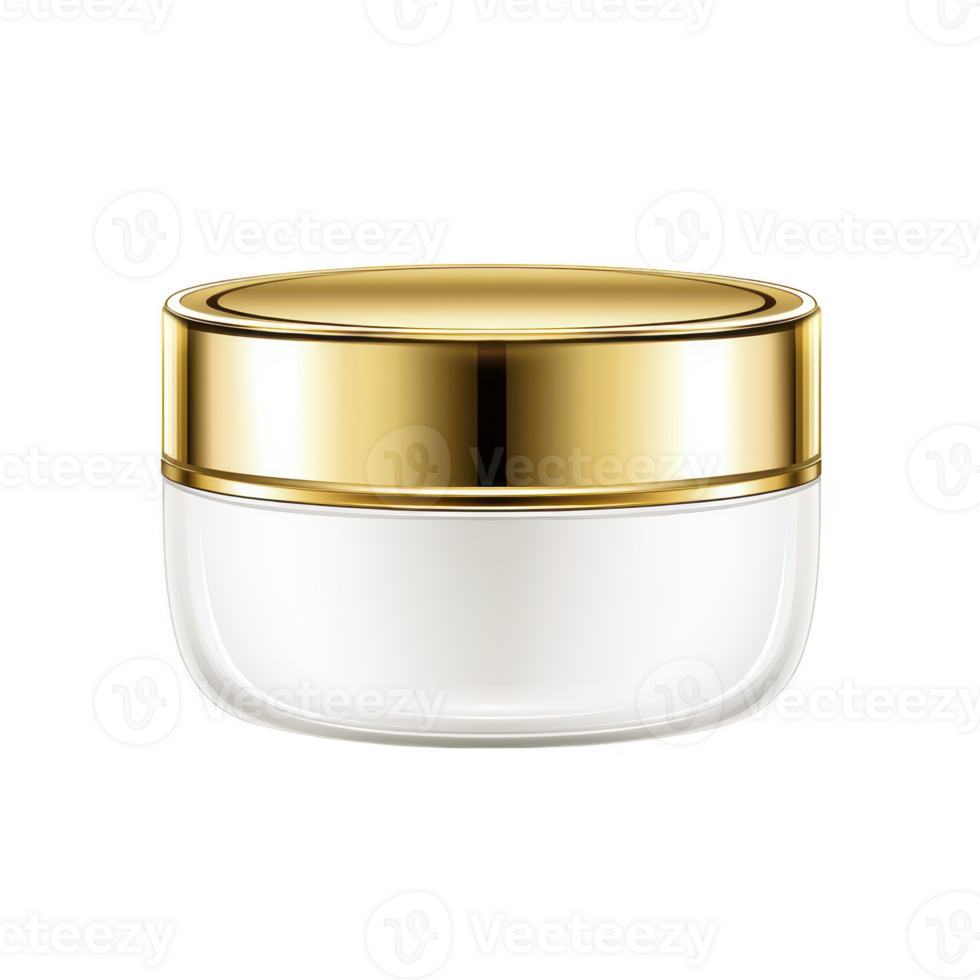 Luxurious cosmetic cream jar with gold lid and clear base, perfect for skincare products. elegant design suggests premium quality and sophistication png