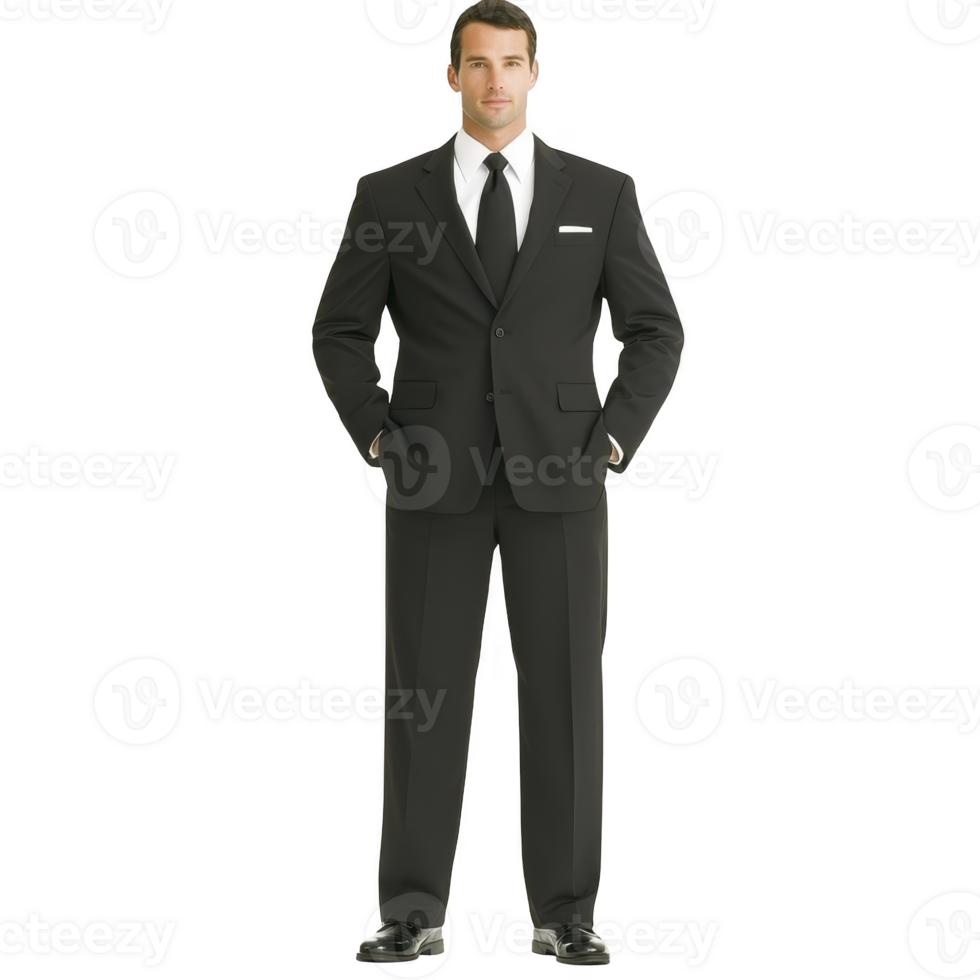 Man in formal black suit stands confidently with hands in pockets, wearing white shirt and black tie. attire is complemented by polished black shoes, exuding elegance png