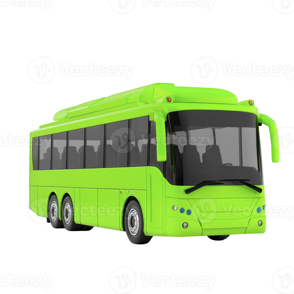 Bright green modern bus with large windows and multiple wheels is shown, designed for comfortable long distance travel. sleek design and vibrant color make it stand out png