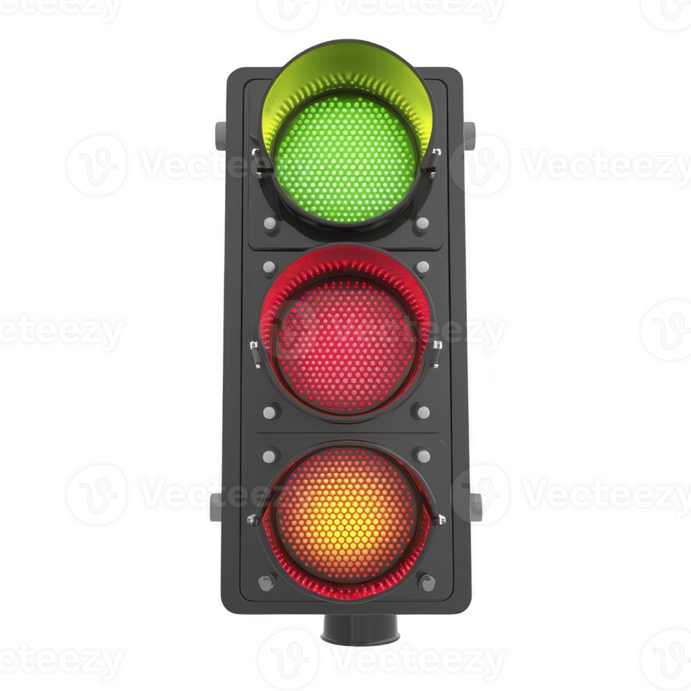 Traffic light with green, red, and yellow lights is shown, indicating stop, caution, and go signals. green light is illuminated, suggesting permission to proceed png