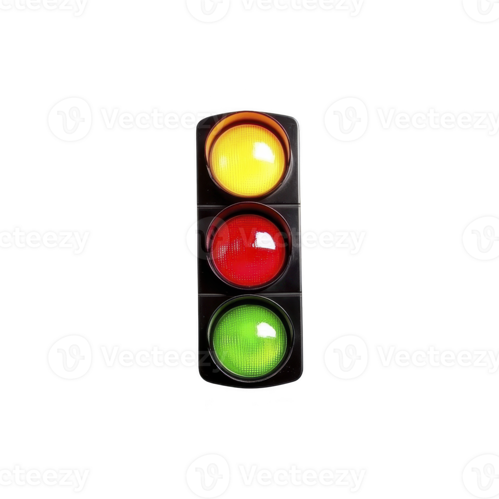 Traffic light with illuminated yellow, red, and green lights, used for controlling vehicle and pedestrian traffic at intersections. lights are arranged vertically in black casing png
