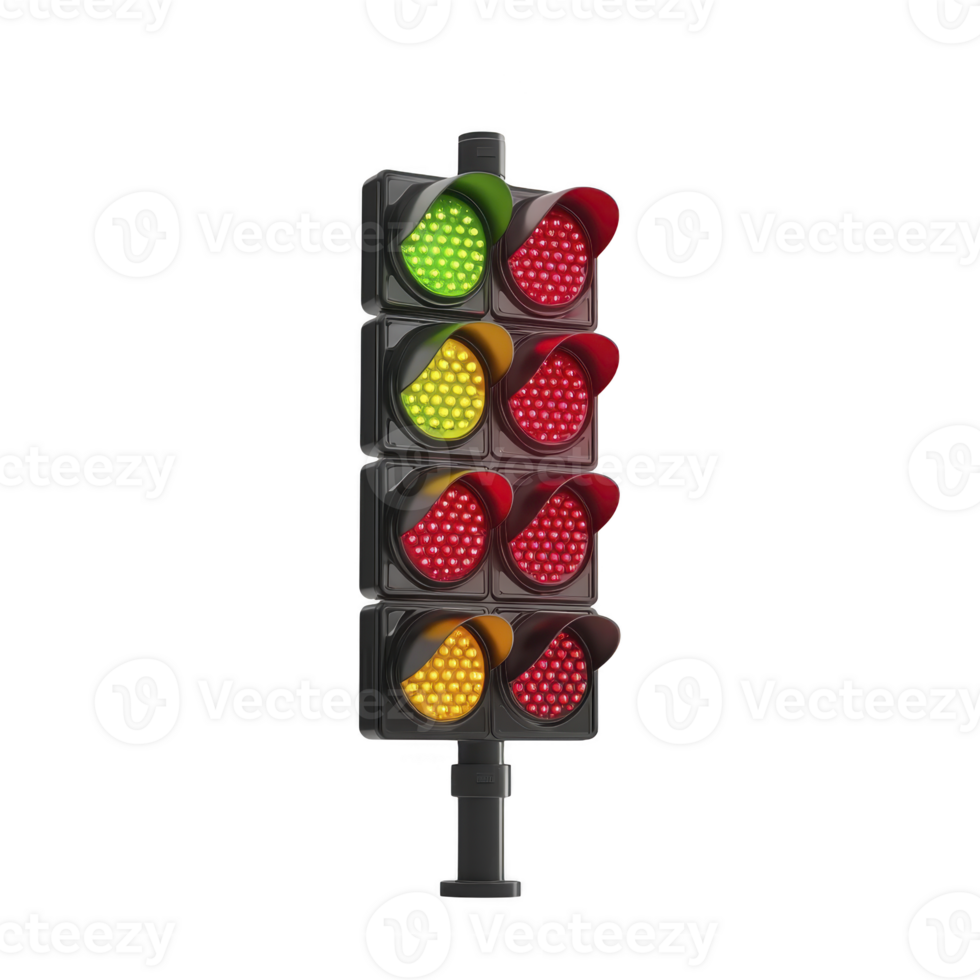 Traffic light with multiple signals displays red, yellow, and green lights, indicating stop, caution, and go. lights are arranged vertically and are used for traffic control png