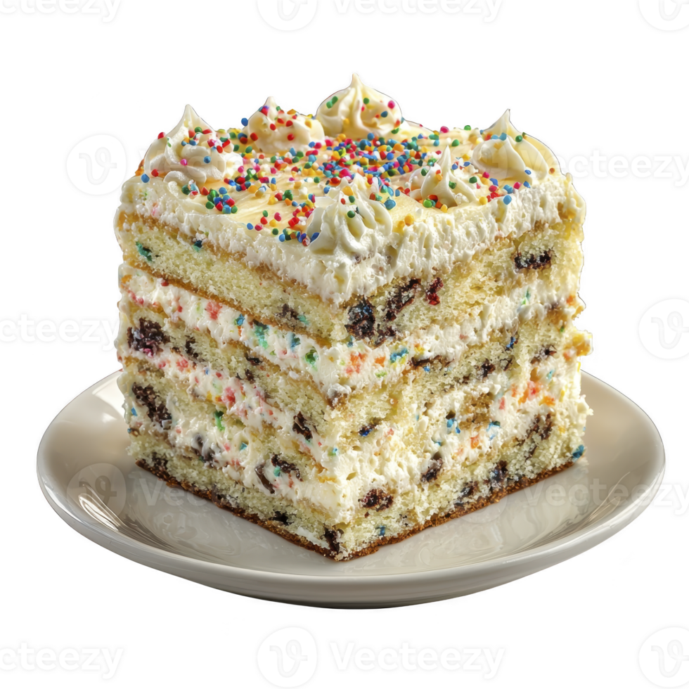 Slice of colorful layered cake with creamy frosting and sprinkles sits on white plate, showcasing festive and delicious dessert png