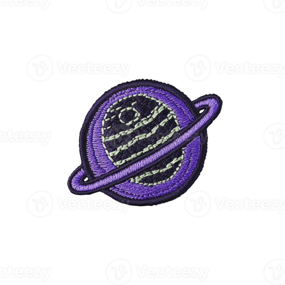 Vibrant embroidered patch features purple planet with ring, resembling Saturn, set against transparency background. intricate stitching adds texture and depth to celestial design png