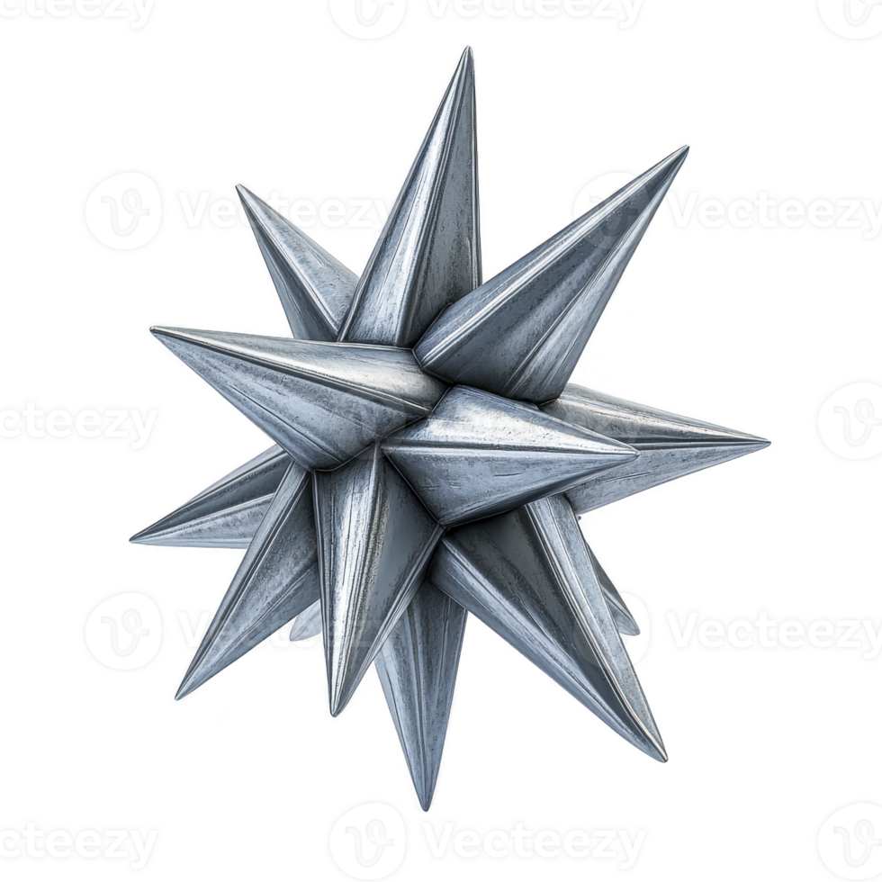 Metallic 3D star with sharp, pointed edges and reflective surface, resembling geometric sculpture. design is intricate and symmetrical, showcasing futuristic and artistic style png