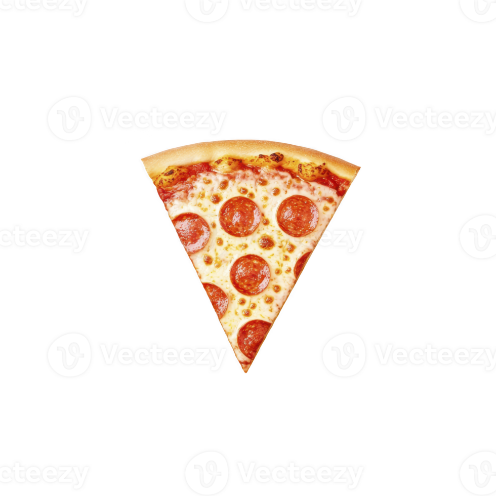 Slice of pepperoni pizza with melted cheese and crispy crust is isolated on transparency background, showcasing its delicious and appetizing appearance png