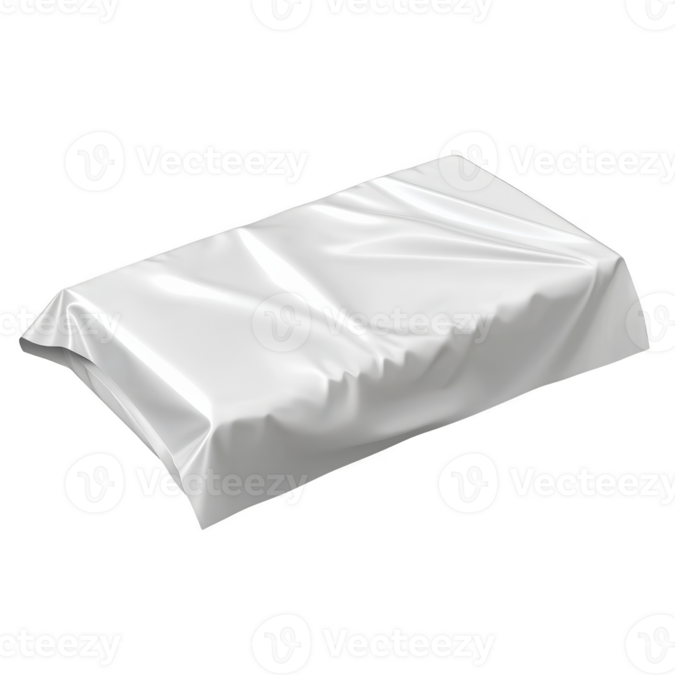 White, crumpled, rectangular object resembling wrapped package or pillow is displayed against plain background. texture appears smooth and shiny, suggesting plastic or fabric material png