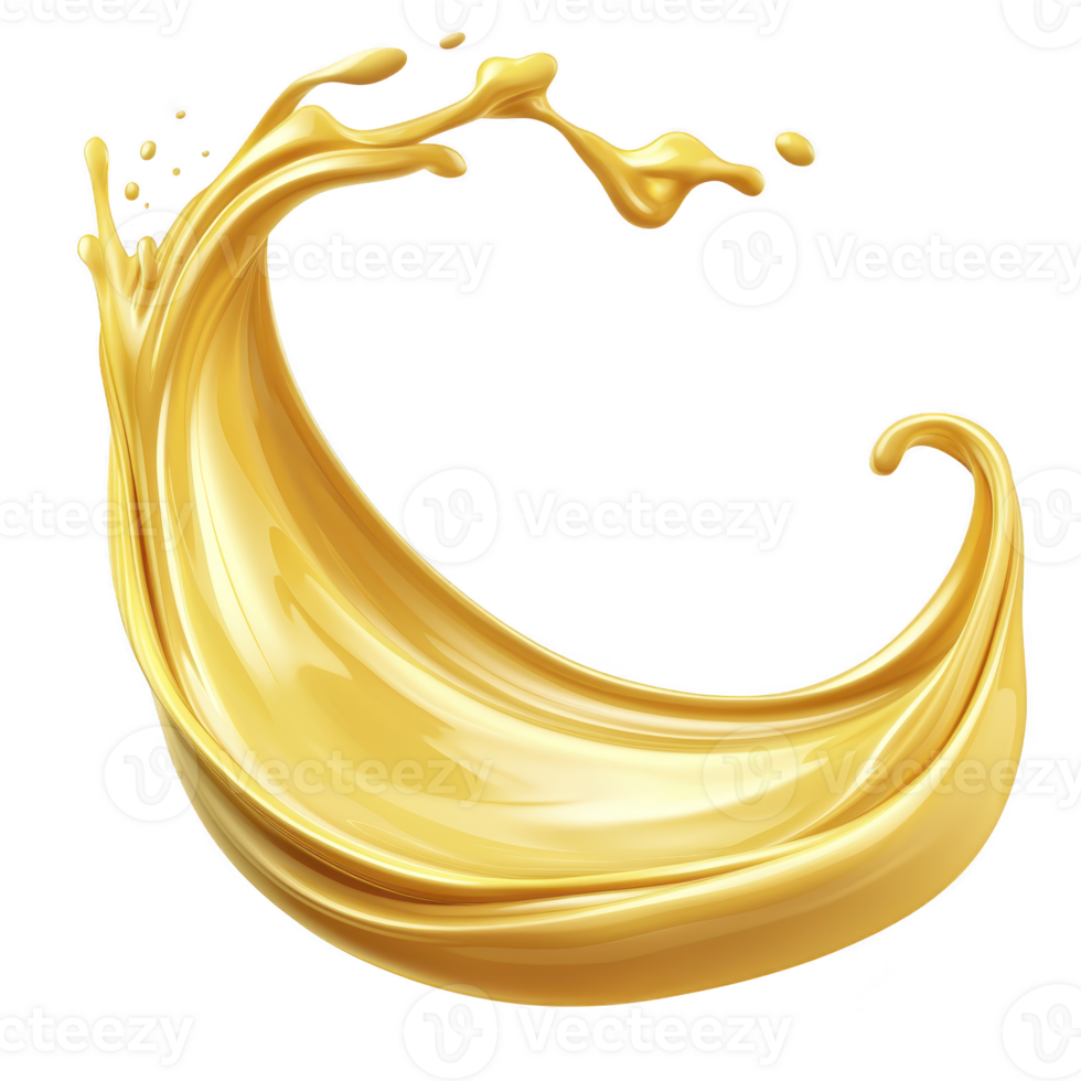 Dynamic splash of golden liquid forms elegant wave, capturing motion and fluidity. glossy texture and vibrant color evoke sense of luxury and energy png