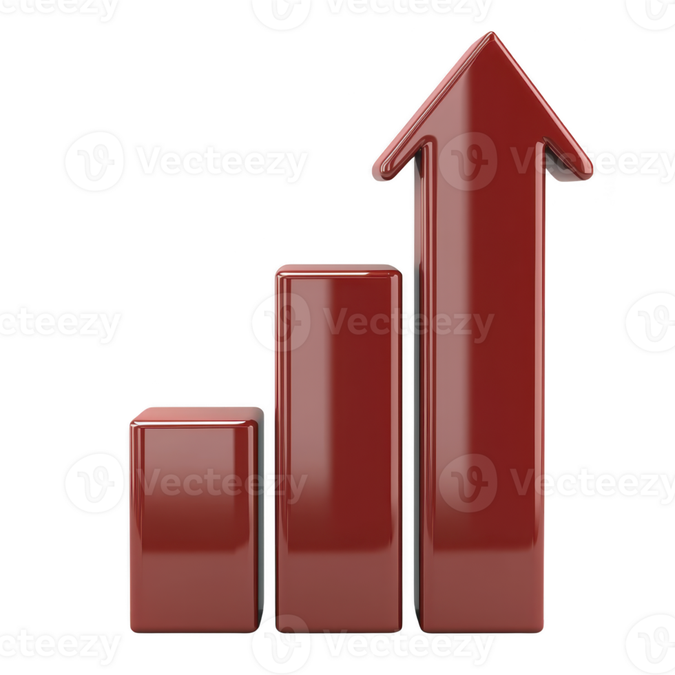 3D red bar graph with upward arrow symbolizes growth and success, often used in business and finance to represent positive trends and progress png