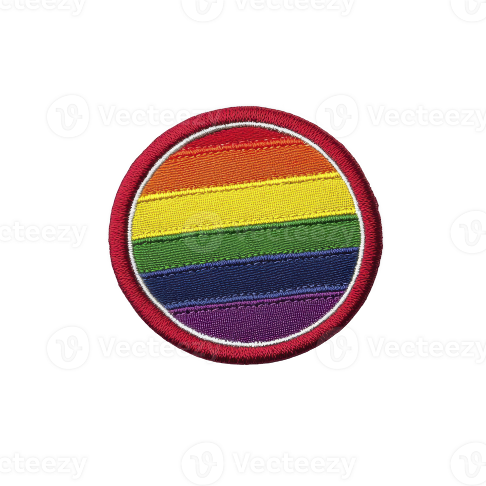 Round embroidered patch features vibrant rainbow design, symbolizing LGBTQ pride, with red border. colorful stripes represent diversity and inclusion, conveying message of unity and acceptance png
