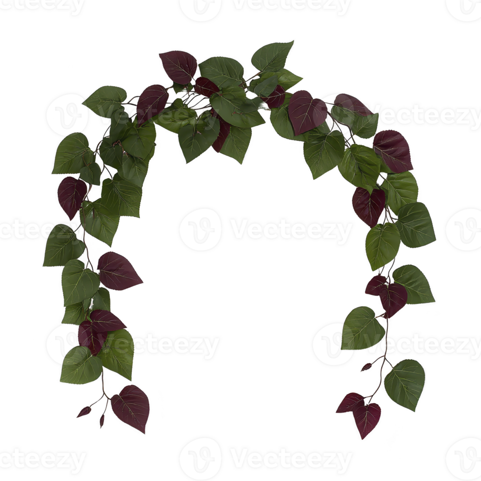 Decorative arch made of green and burgundy leaves creates natural and elegant design. lush foliage forms graceful curve, perfect for garden decor or event decoration png