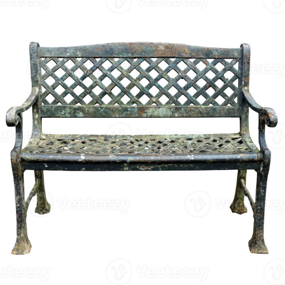 Weathered metal bench with lattice backrest and seat, showing signs of rust and age, stands isolated on transparency background. vintage design evokes sense of nostalgia png