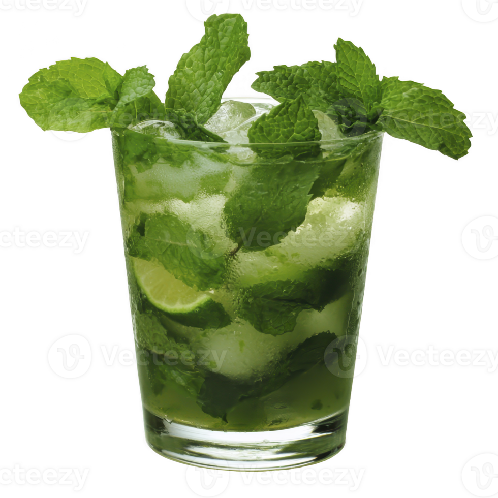 Refreshing mojito cocktail with fresh mint leaves, lime wedges, and ice cubes in clear glass. vibrant green color and condensation on glass suggest cool, invigorating drink png