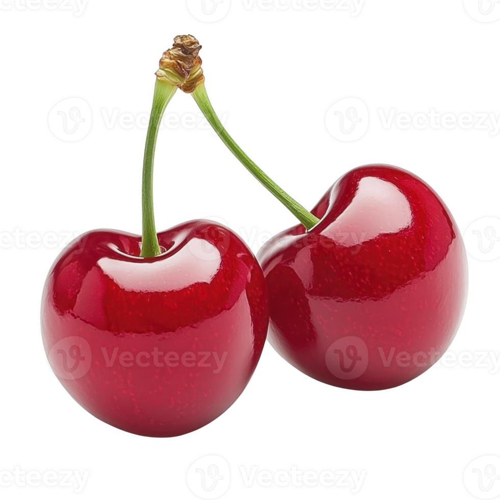 Two vibrant red cherries with stems are connected, showcasing their glossy texture and fresh appearance. cherries are isolated transparency background, highlighting their rich color and natural png