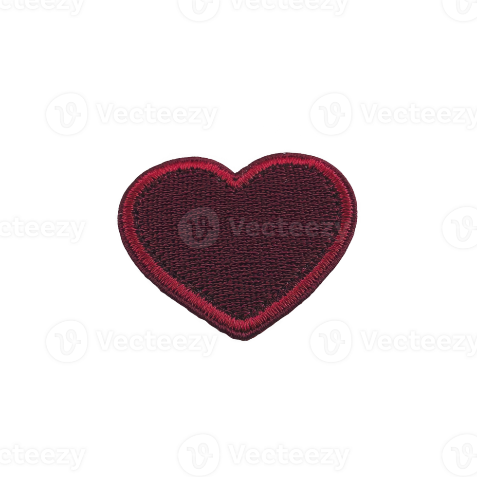 Red heart shaped embroidered patch with textured surface and black border, symbolizing love and affection. patch is isolated transparency background, highlighting its vibrant color and intricate png