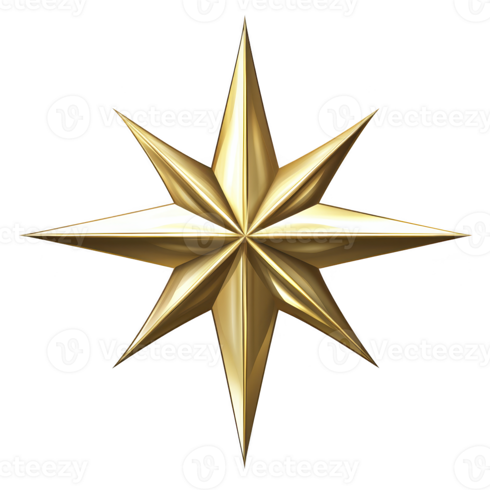 Shiny golden eight pointed star with metallic finish, often used as decorative symbol or emblem, radiates elegance and sophistication png
