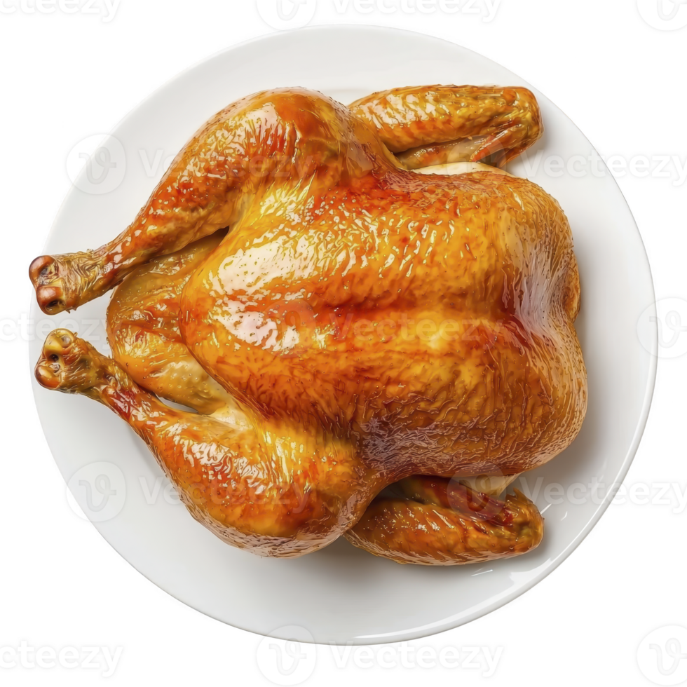 Golden roasted chicken on white plate, showcasing crispy skin and juicy texture, perfect for festive meal or family dinner. appetizing aroma enhances dining experience png