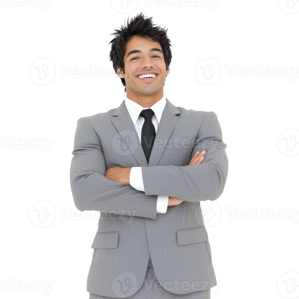 Confident man in gray suit stands with arms crossed, smiling broadly. His professional attire includes white shirt and black tie, conveying sense of success and positivity png