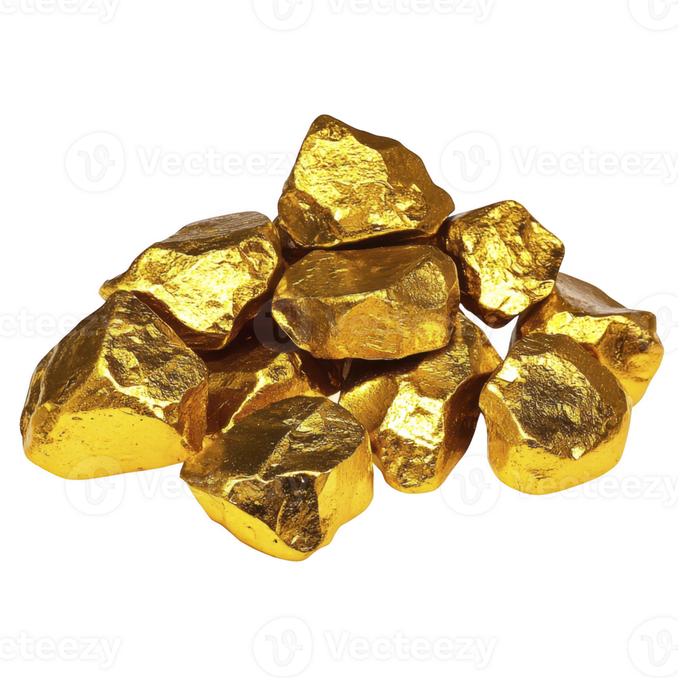 Pile of shiny gold nuggets is displayed, showcasing their raw, unrefined form. bright, metallic luster of gold contrasts with rough texture of nuggets, highlighting their natural beauty png