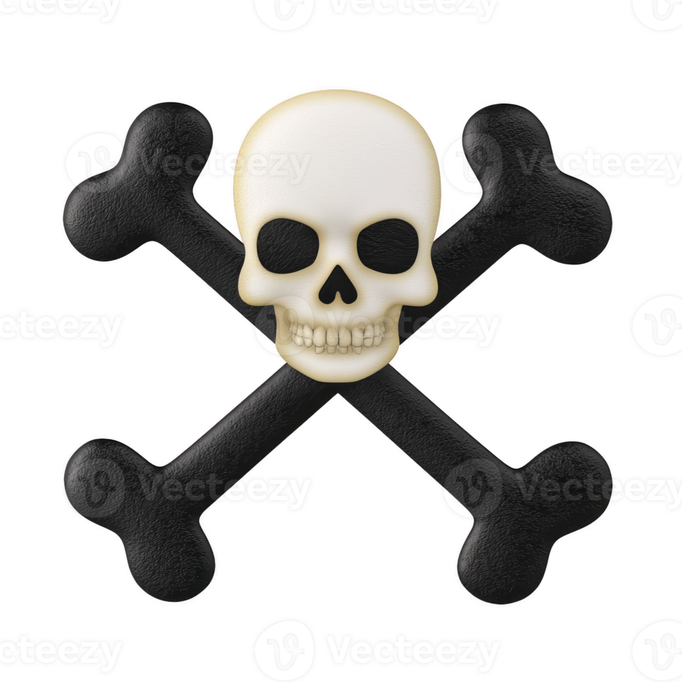 Skull and crossbones symbol with white skull and black crossed bones, often associated with danger or piracy, is depicted in simple, bold design png
