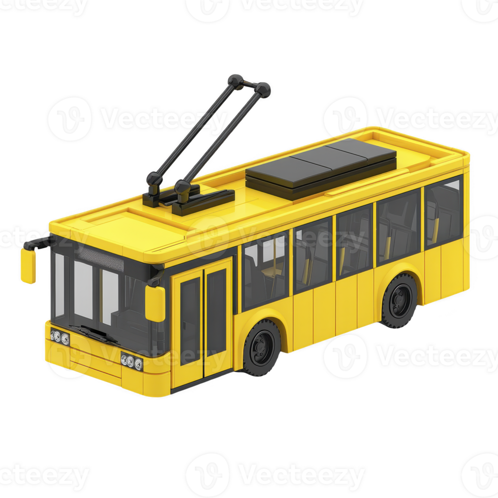 Yellow toy trolleybus with black details and overhead wires, designed in blocky, geometric style, is shown. model features windows, doors, and wheels, capturing playful and educational essence png