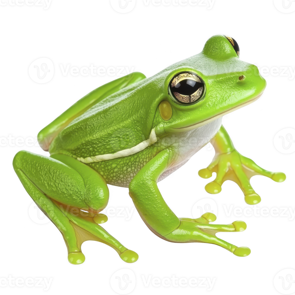 Vibrant green tree frog with striking golden eyes sits poised, showcasing its smooth skin and webbed feet. frog vivid coloration and alert posture highlight its natural beauty png