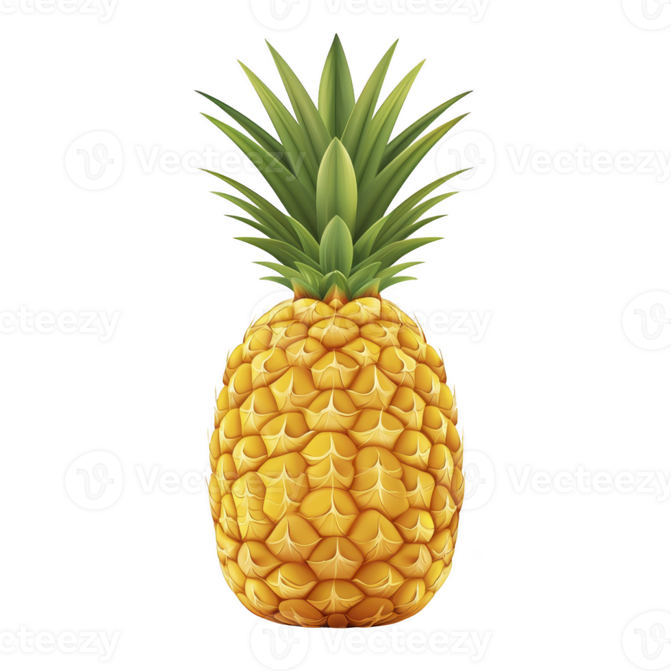 Vibrant illustration of ripe pineapple with detailed texture and lush green leaves, showcasing its tropical appeal. fruit golden yellow skin is depicted with realistic shading png