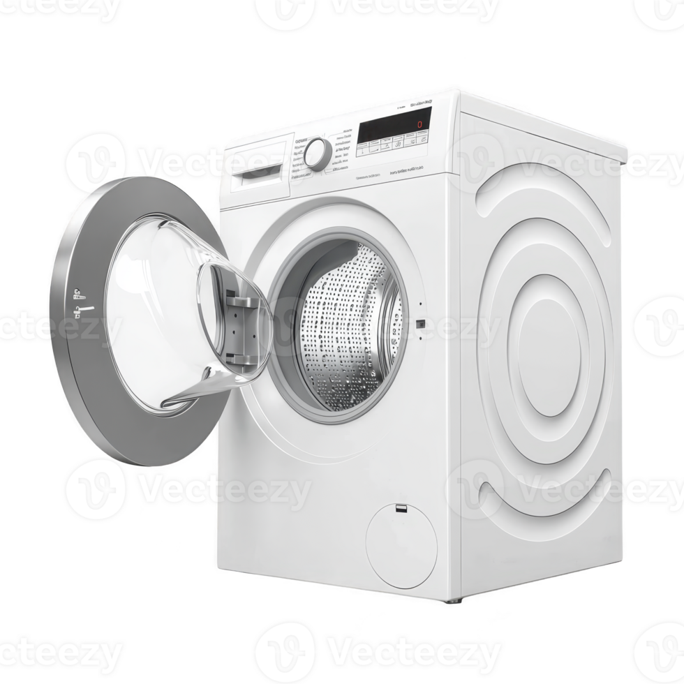 Modern white front loading washing machine with open door, showcasing its stainless steel drum. appliance features digital display and control panel, designed for efficient laundry care png