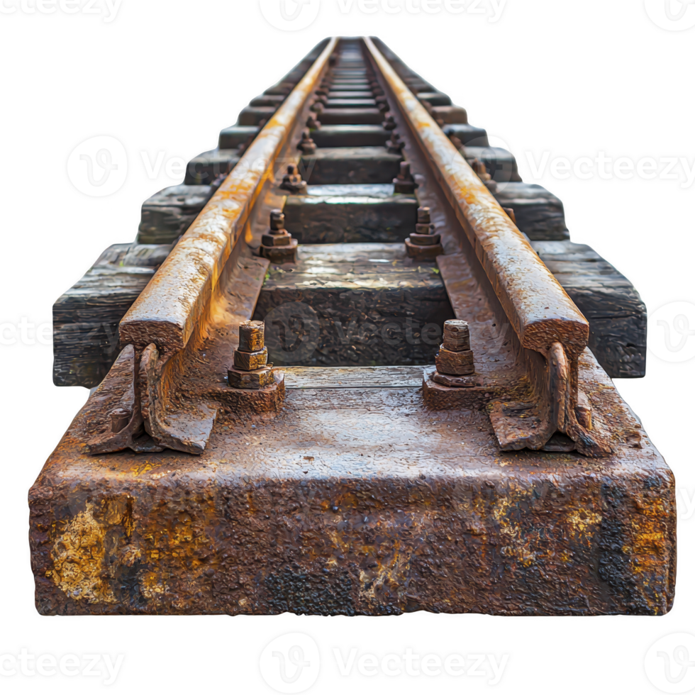 Rusty, weathered railway track stretches into distance, showcasing texture and decay of metal and wood. perspective emphasizes linearity and depth of scene png