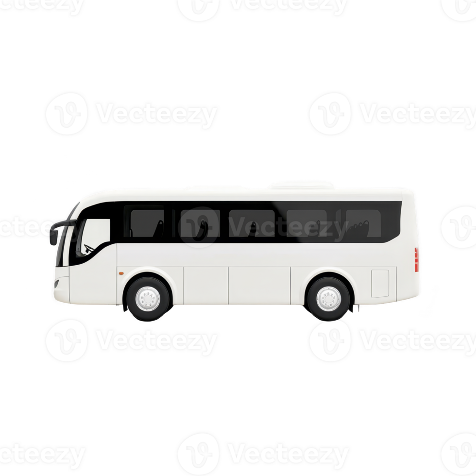 Sleek white tour bus with tinted windows and modern design, perfect for comfortable long distance travel. bus features streamlined shape and spacious interior png