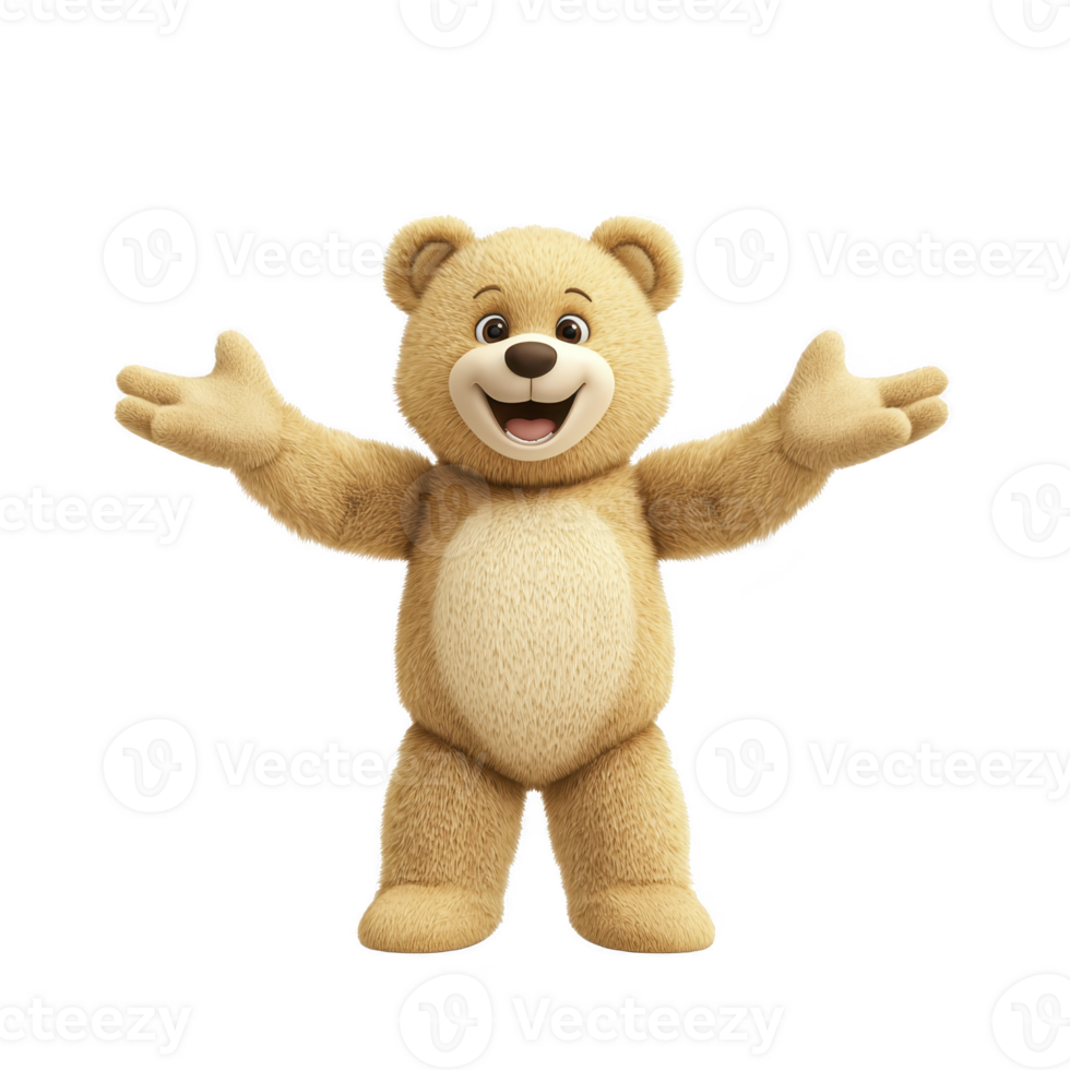 Cute, fluffy teddy bear with open arms and joyful expression, inviting hugs and warmth. bear soft, light brown fur and friendly demeanor make it adorable companion png