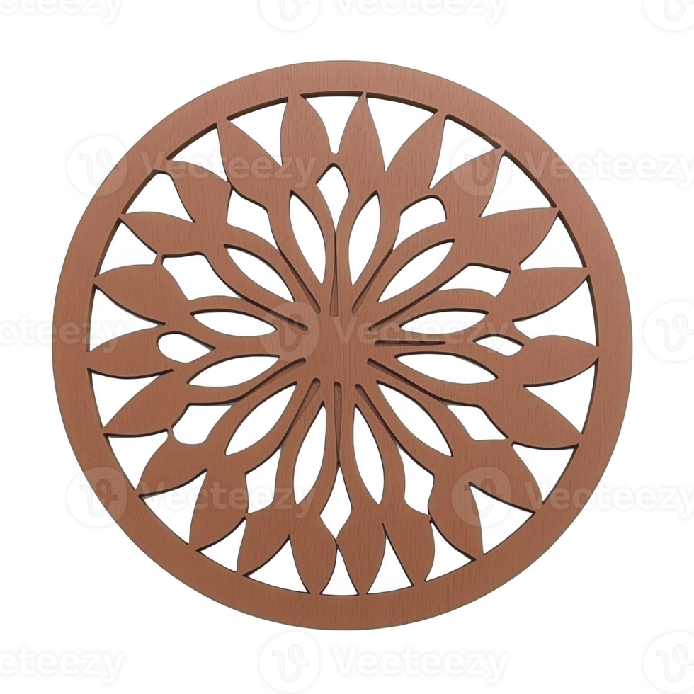 Round, intricately designed wooden wall art piece features floral pattern with symmetrical petals, creating elegant and decorative look. natural wood finish adds warmth and charm png