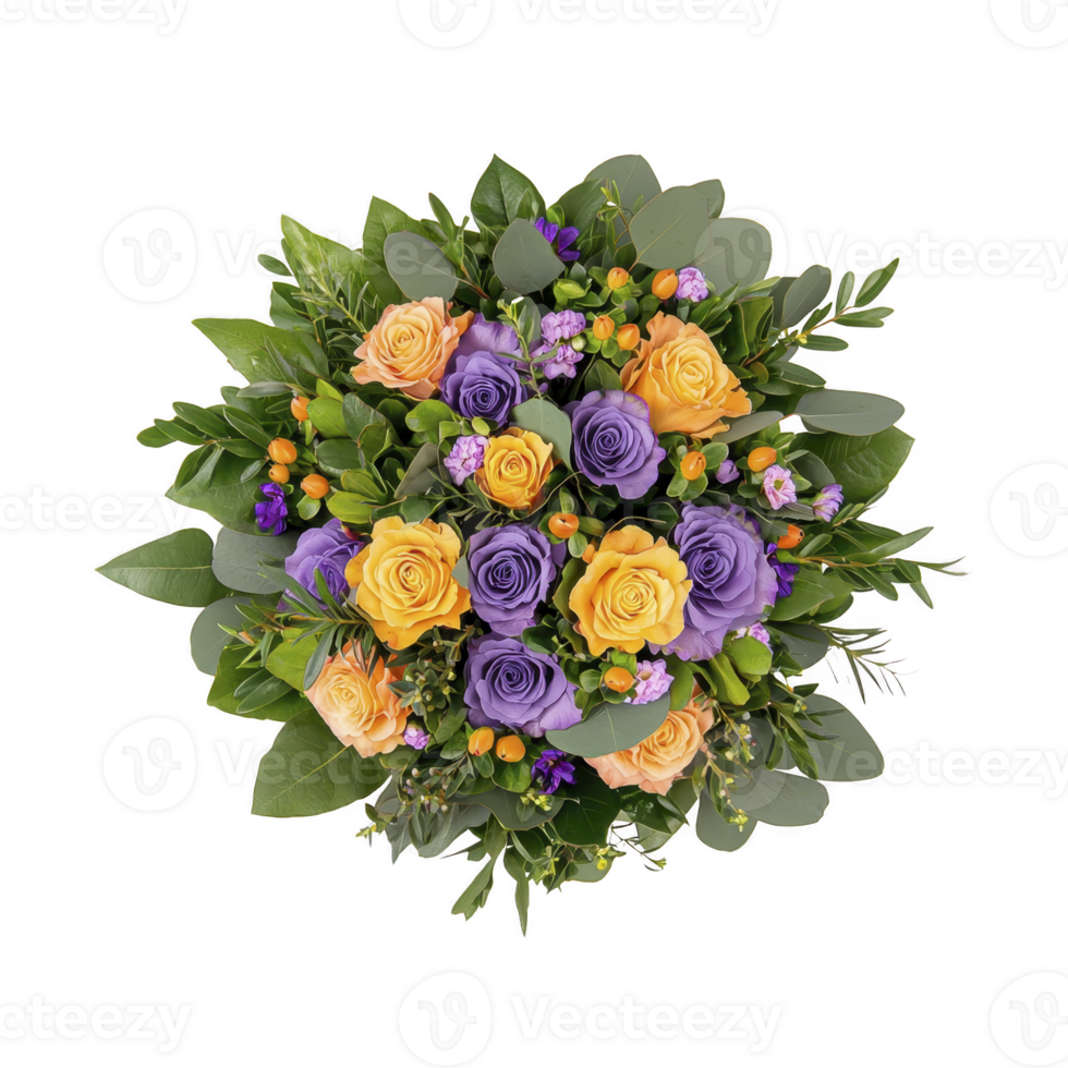 Vibrant bouquet of yellow and purple roses is surrounded by lush green leaves and small orange berries, creating lively and colorful floral arrangement png