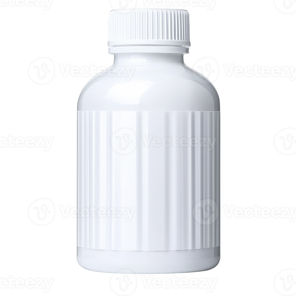 Plain white plastic bottle with ribbed cap, suitable for storing liquids or chemicals, stands against transparency background. minimalist design emphasizes functionality png