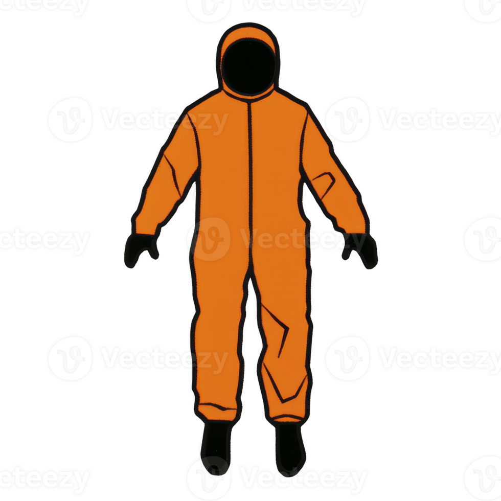 Illustration of orange hazmat suit with hood and gloves, designed for protection in hazardous environments. suit is fully enclosed, emphasizing safety and security png