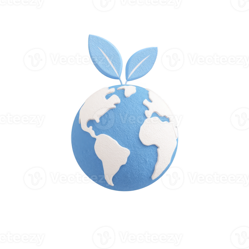 Stylized blue and white globe with two leaves on top symbolizes environmental awareness and sustainability. design emphasizes eco friendly concepts and global conservation png